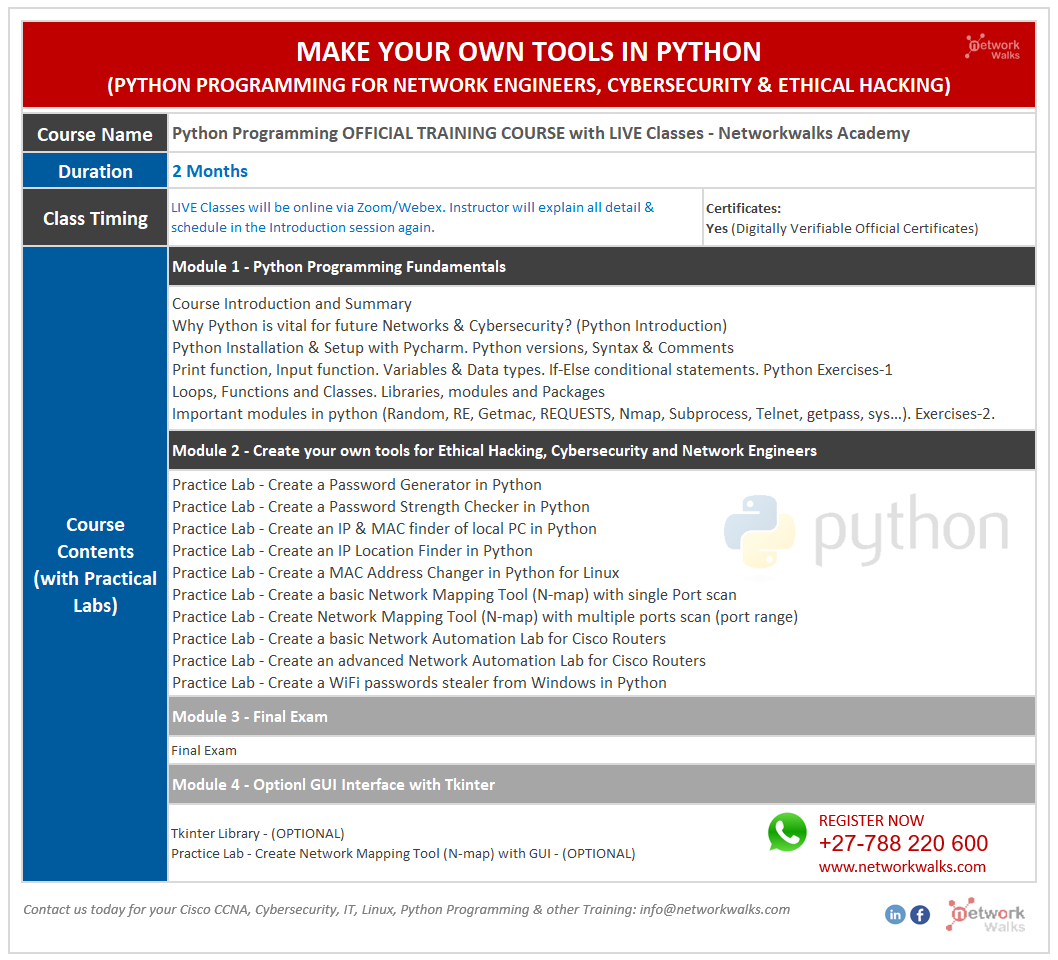 Python Programming - Make your own tools Training Course Contents and schedule