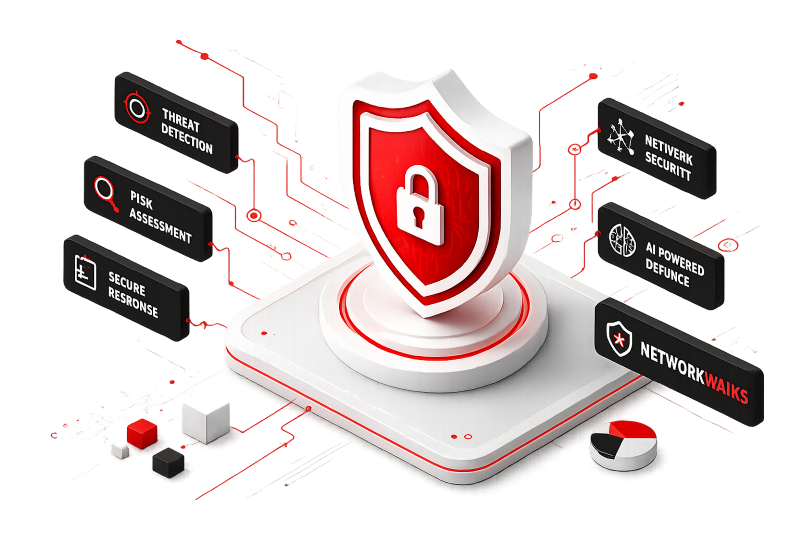Cybersecurity shield protecting network, threat detection, risk assessment and AI powered defence